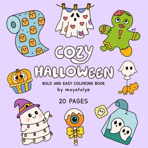 May include: A whimsical illustration with a purple background features Halloween-themed drawings. Included are a roll of paper with ghost faces, a ghost sheet, a gingerbread zombie, and the text "COZY HALLOWEEN". The coloring book has 20 pages.