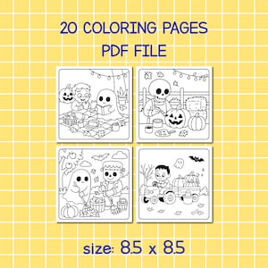 May include: A digital PDF file with 20 Halloween-themed coloring pages. The pages feature black and white illustrations of ghosts, pumpkins, and children in various scenes. The size is 8.5 x 8.5 inches.