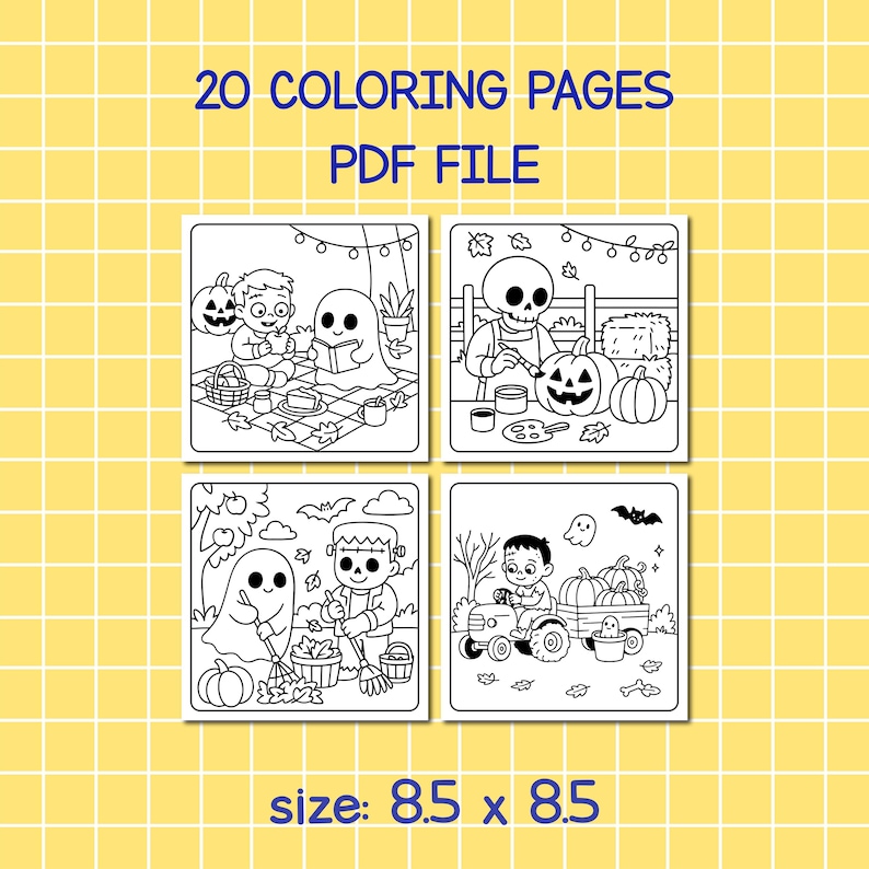 May include: A digital PDF file with 20 Halloween-themed coloring pages. The pages feature black and white illustrations of ghosts, pumpkins, and children in various scenes. The size is 8.5 x 8.5 inches.