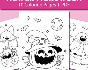 Puede incluir: Páginas para colorear en blanco y negro con un lindo murciélago, una calabaza con un sombrero de bruja y un fantasma. Las páginas son parte de un conjunto de 10 páginas para colorear Kawaii Halloween.