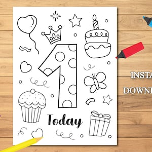 Carte d'anniversaire One Today, téléchargement immédiat, carte imprimable joyeux anniversaire à colorier, carte 1er anniversaire imprimable, carte de voeux à colorier