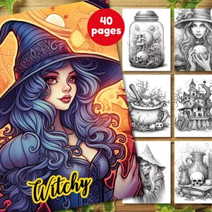 May include: A coloring book with a witch on the cover. The book has 40 pages and is titled "Witchy". The cover features a witch with blue hair and a purple dress. The background is a sunset with orange and yellow colors.