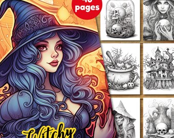 Witchy Coloring Pages: 40 Magical Grayscale Designs (Printable PDF)