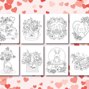 May include: Eight black and white colouring pages featuring Valentine's Day themes. The images include a heart-shaped envelope, a flower arrangement in a tin, a wreath of flowers with birds, a heart-shaped frame with dolphins, a teddy bear with a gift, a flower arrangement in a wooden box, a bunny in a snow globe, and two birds on a branch.