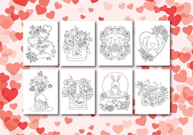 May include: Eight black and white colouring pages featuring Valentine's Day themes. The images include a heart-shaped envelope, a flower arrangement in a tin, a wreath of flowers with birds, a heart-shaped frame with dolphins, a teddy bear with a gift, a flower arrangement in a wooden box, a bunny in a snow globe, and two birds on a branch.