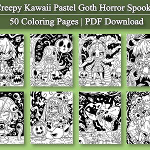 May include: A set of 50 coloring pages featuring creepy kawaii pastel goth horror spooky characters. The pages are in black and white and are ready to be colored.