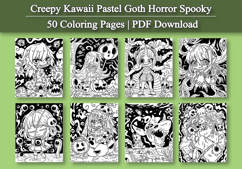 May include: A set of 50 coloring pages featuring creepy kawaii pastel goth horror spooky characters. The pages are in black and white and are ready to be colored.