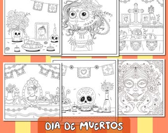 May include: A set of five black and white coloring pages featuring illustrations of Day of the Dead imagery, including sugar skulls, flowers, and people. The text "Dia de Muertos" and "20 Coloring Pages PDF File" is included at the bottom of the image.