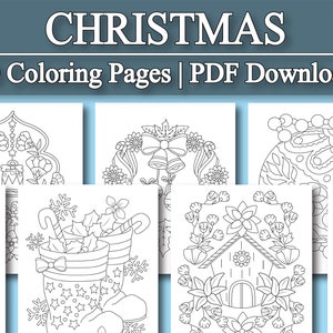 Puede incluir: Un conjunto de 50 páginas para colorear de Navidad en blanco y negro, con varios temas navideños, incluyendo un árbol de Navidad, una corona, una media, una casita de pájaros y un pingüino. El texto "CHRISTMAS 50 Coloring Pages | PDF Download" está en la parte superior de la imagen.