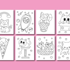 May include: A set of eight black and white coloring pages featuring cute cats in various scenes. The cats are depicted in a variety of poses, including sleeping, playing, and riding in a rocket ship. The coloring pages are perfect for children who love cats.