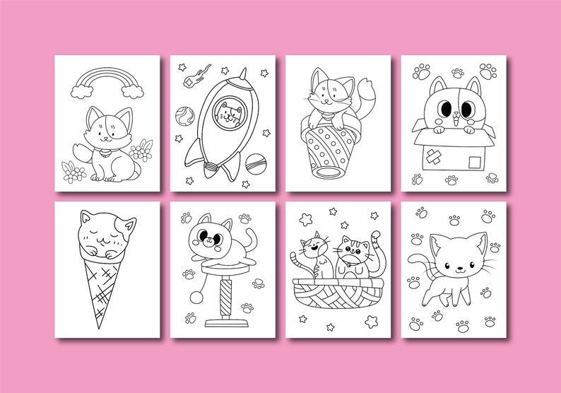 May include: A set of eight black and white coloring pages featuring cute cats in various scenes. The cats are depicted in a variety of poses, including sleeping, playing, and riding in a rocket ship. The coloring pages are perfect for children who love cats.