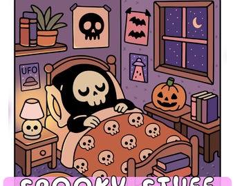 May include: A digital illustration of a spooky bedroom scene. A figure in a skull costume rests in bed under a skull-patterned blanket. The room features Halloween decorations, including a jack-o'-lantern, skull art, and the text "SPOOKY STUFF". The image also includes the text "25 COLORING PAGES PDF FILE".