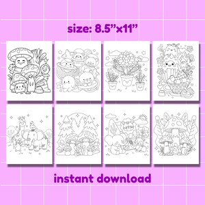 May include: A set of eight printable coloring pages featuring cute cartoon animals and objects. The pages are 8.5 inches by 11 inches and include a variety of themes, such as mushrooms, flowers, and animals.