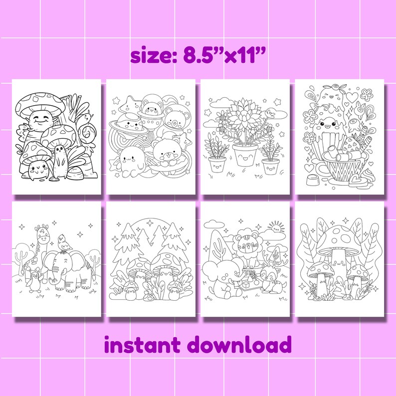 May include: A set of eight printable coloring pages featuring cute cartoon animals and objects. The pages are 8.5 inches by 11 inches and include a variety of themes, such as mushrooms, flowers, and animals.