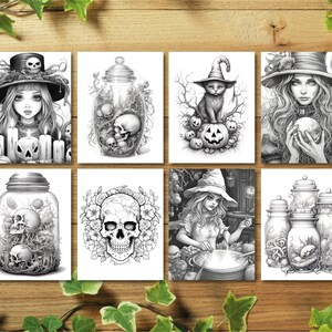 Puede incluir: Un conjunto de ocho ilustraciones en blanco y negro con temas de Halloween. Las ilustraciones incluyen una bruja con una calavera, un frasco con calaveras, una calavera con flores, una bruja revolviendo un caldero, un gato sobre una calabaza, una bruja con una bola de cristal y un frasco con calaveras.