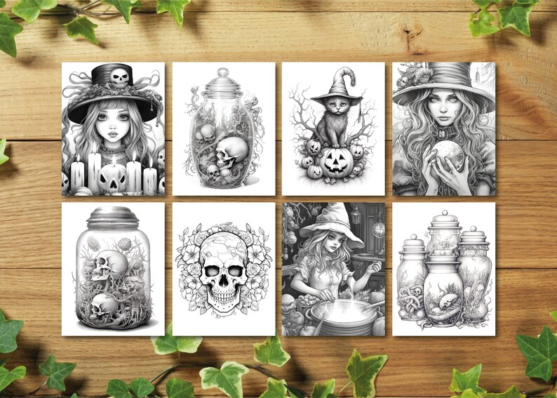 Puede incluir: Un conjunto de ocho ilustraciones en blanco y negro con temas de Halloween. Las ilustraciones incluyen una bruja con una calavera, un frasco con calaveras, una calavera con flores, una bruja revolviendo un caldero, un gato sobre una calabaza, una bruja con una bola de cristal y un frasco con calaveras.