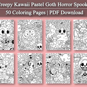 May include: A set of 50 coloring pages featuring creepy kawaii pastel goth horror spooky characters. The pages are black and white and feature a variety of characters, including cats, ghosts, and bats. The pages are perfect for anyone who loves to color and enjoys a bit of spooky fun.