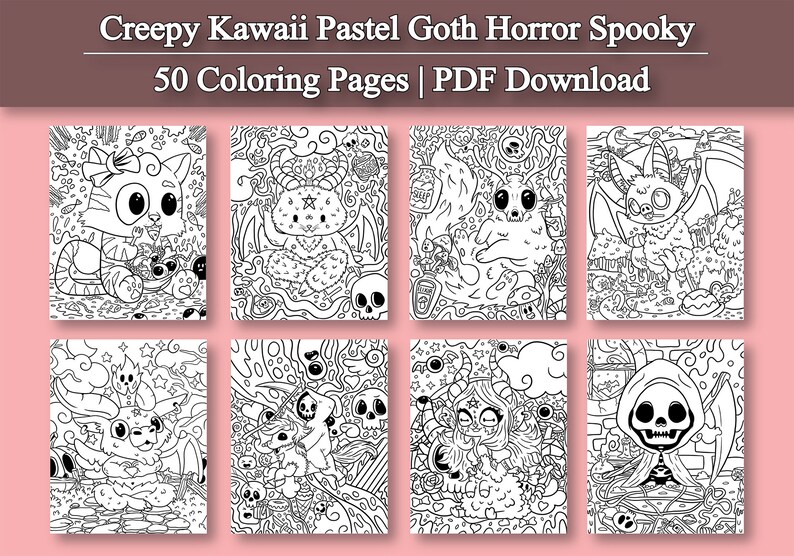 May include: A set of 50 coloring pages featuring creepy kawaii pastel goth horror spooky characters. The pages are black and white and feature a variety of characters, including cats, ghosts, and bats. The pages are perfect for anyone who loves to color and enjoys a bit of spooky fun.