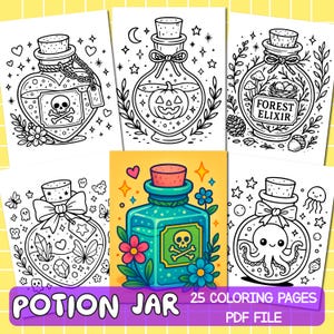 Op de afbeelding: Een verzameling van zes kleurplaten met toverdrankpotten. De pagina's bevatten verschillende toverdrankpotontwerpen met verschillende thema's, waaronder een schedel en kruisbeenderen, een pompoen en een octopus. De tekst "POTION JAR 25 COLORING PAGES PDF FILE" staat onderaan.