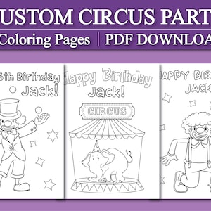Páginas para colorear de cumpleaños de circo personalizadas para niños, Dibujos para colorear de cumpleaños de circo personalizados, Actividades de fiesta de cumpleaños de circo para niños