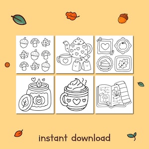 May include: A collection of black and white line art illustrations with an autumn theme. The images include acorns, mushrooms, leaves, a teapot, teacups, frames, a candle, a mug of whipped cream, and a book with a scarf. The words "instant download" are at the bottom.