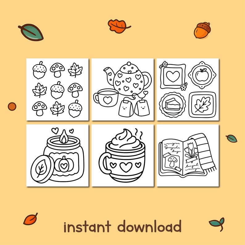 May include: A collection of black and white line art illustrations with an autumn theme. The images include acorns, mushrooms, leaves, a teapot, teacups, frames, a candle, a mug of whipped cream, and a book with a scarf. The words "instant download" are at the bottom.