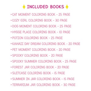 May include: A list of coloring books with titles such as "Cat Moment Coloring Book," "Cozy Girl Coloring Book," and "Dog Moment Coloring Book." Each title is followed by the number of pages, ranging from 10 to 30 pages. The text is in a pink font on a white background.
