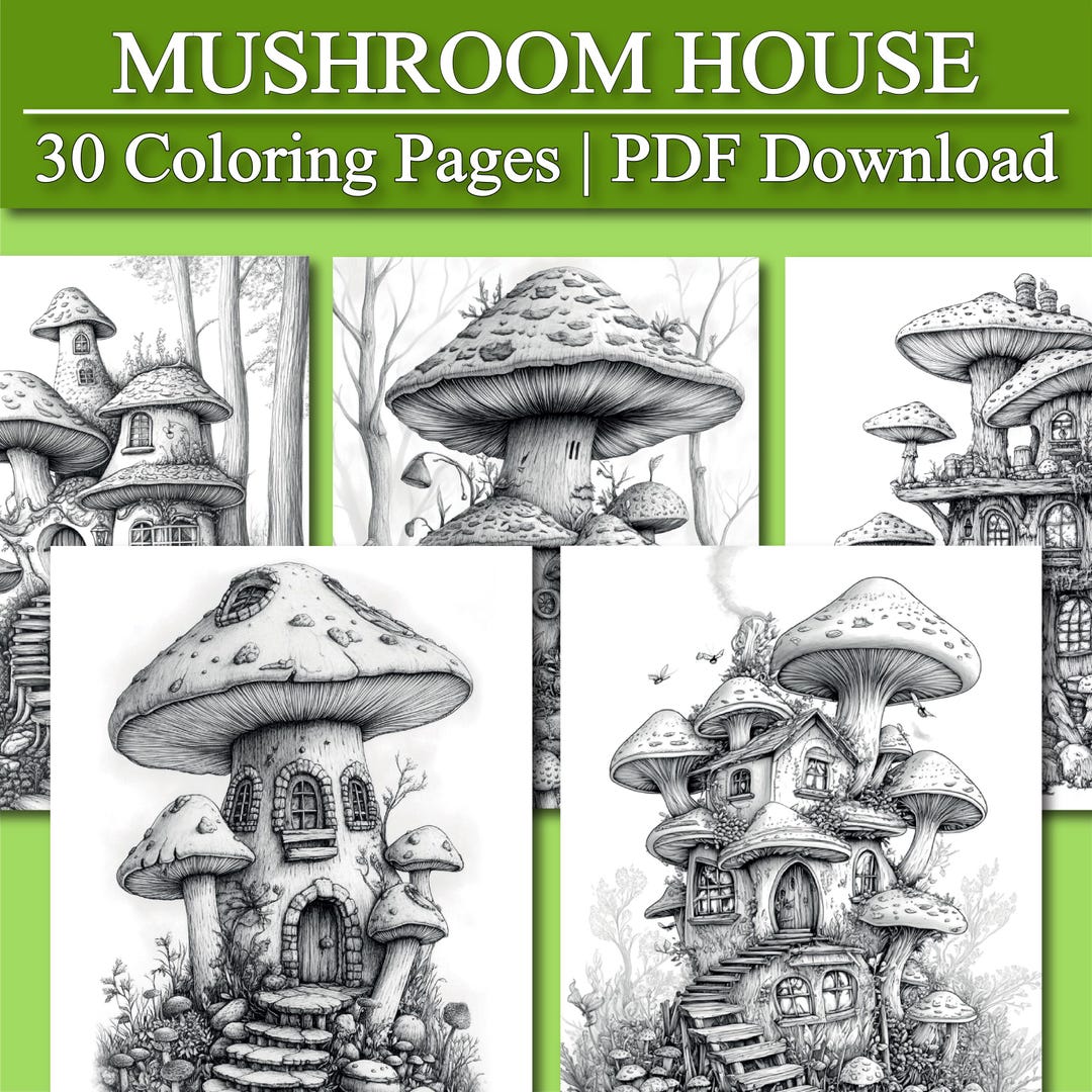 Mushroom House Coloring Pages: 30 Enchanted Grayscale Designs ...