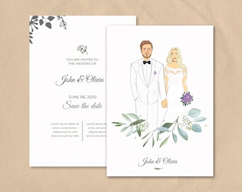 Wedding invitation illustration, Custom wedding portrait, Bride groom portrait, Printable wedding invitation