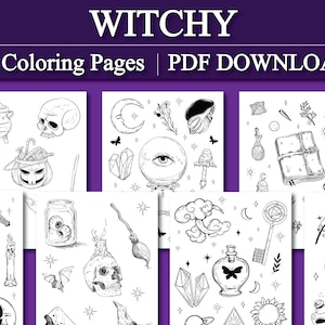 May include: Ten black and white coloring pages with a witchy theme. The pages feature illustrations of a cauldron, a skull, a crystal, a potion bottle, a key, a moon, a cloud, a broom, a crystal ball, a mushroom, a feather, a book, a telescope, a candle, a bat, and a pumpkin.