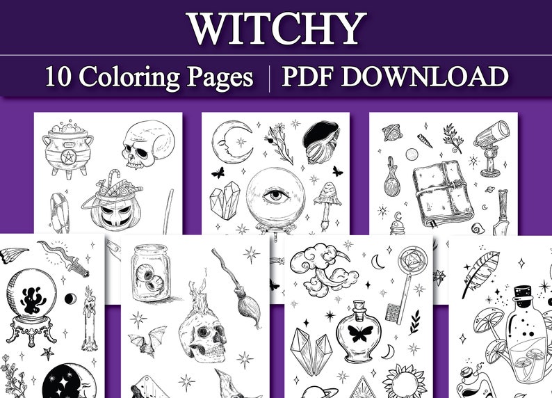 May include: Ten black and white coloring pages with a witchy theme. The pages feature illustrations of a cauldron, a skull, a crystal, a potion bottle, a key, a moon, a cloud, a broom, a crystal ball, a mushroom, a feather, a book, a telescope, a candle, a bat, and a pumpkin.