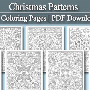 May include: A collection of 50 Christmas-themed coloring pages in PDF format. The pages feature intricate, symmetrical designs with holiday elements like ornaments, gingerbread men, and gifts. The title "Christmas Patterns" is displayed at the top.