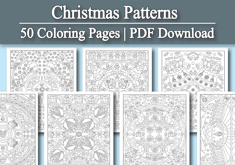 May include: A collection of 50 Christmas-themed coloring pages in PDF format. The pages feature intricate, symmetrical designs with holiday elements like ornaments, gingerbread men, and gifts. The title "Christmas Patterns" is displayed at the top.
