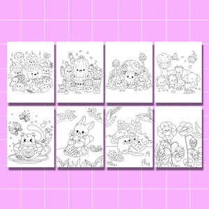 May include: A set of six black and white coloring pages featuring cute cartoon animals and plants. The pages include a cat in a teacup, a bunny holding a strawberry, a mushroom with a face, a cactus with a face, a group of mushrooms with faces, and a flower with strawberries.