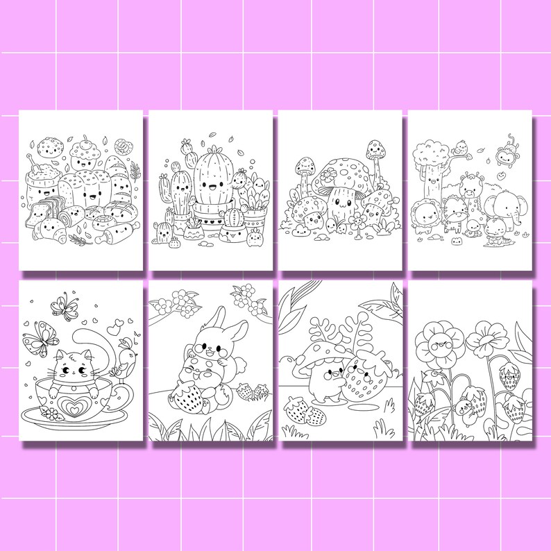May include: A set of six black and white coloring pages featuring cute cartoon animals and plants. The pages include a cat in a teacup, a bunny holding a strawberry, a mushroom with a face, a cactus with a face, a group of mushrooms with faces, and a flower with strawberries.