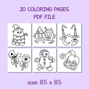 May include: A PDF file with 20 coloring pages featuring Halloween-themed illustrations. The images include a ghost in a witch hat, spooky drinks, a crescent moon with skulls, lollipops, a zombie gingerbread man, and a tea bag with skulls. The size is 8.5 x 8.5 inches.