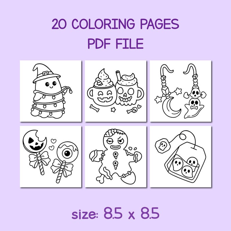 May include: A PDF file with 20 coloring pages featuring Halloween-themed illustrations. The images include a ghost in a witch hat, spooky drinks, a crescent moon with skulls, lollipops, a zombie gingerbread man, and a tea bag with skulls. The size is 8.5 x 8.5 inches.