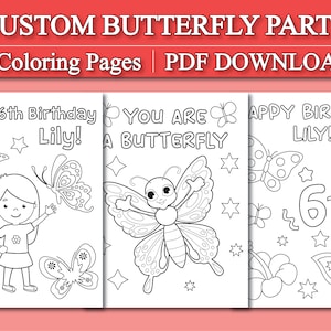 Personalized Butterfly Birthday Coloring Pages for Kids, Custom Butterfly Birthday Party Coloring, Kids Butterfly Birthday Party Activity