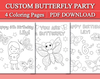 Personalized Butterfly Birthday Coloring Pages for Kids, Custom Butterfly Birthday Party Coloring, Kids Butterfly Birthday Party Activity