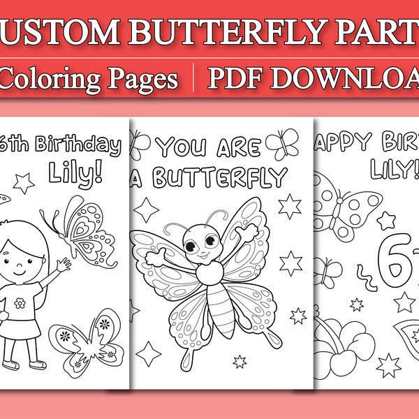 Personalized Butterfly Birthday Coloring Pages for Kids, Custom Butterfly Birthday Party Coloring, Kids Butterfly Birthday Party Activity