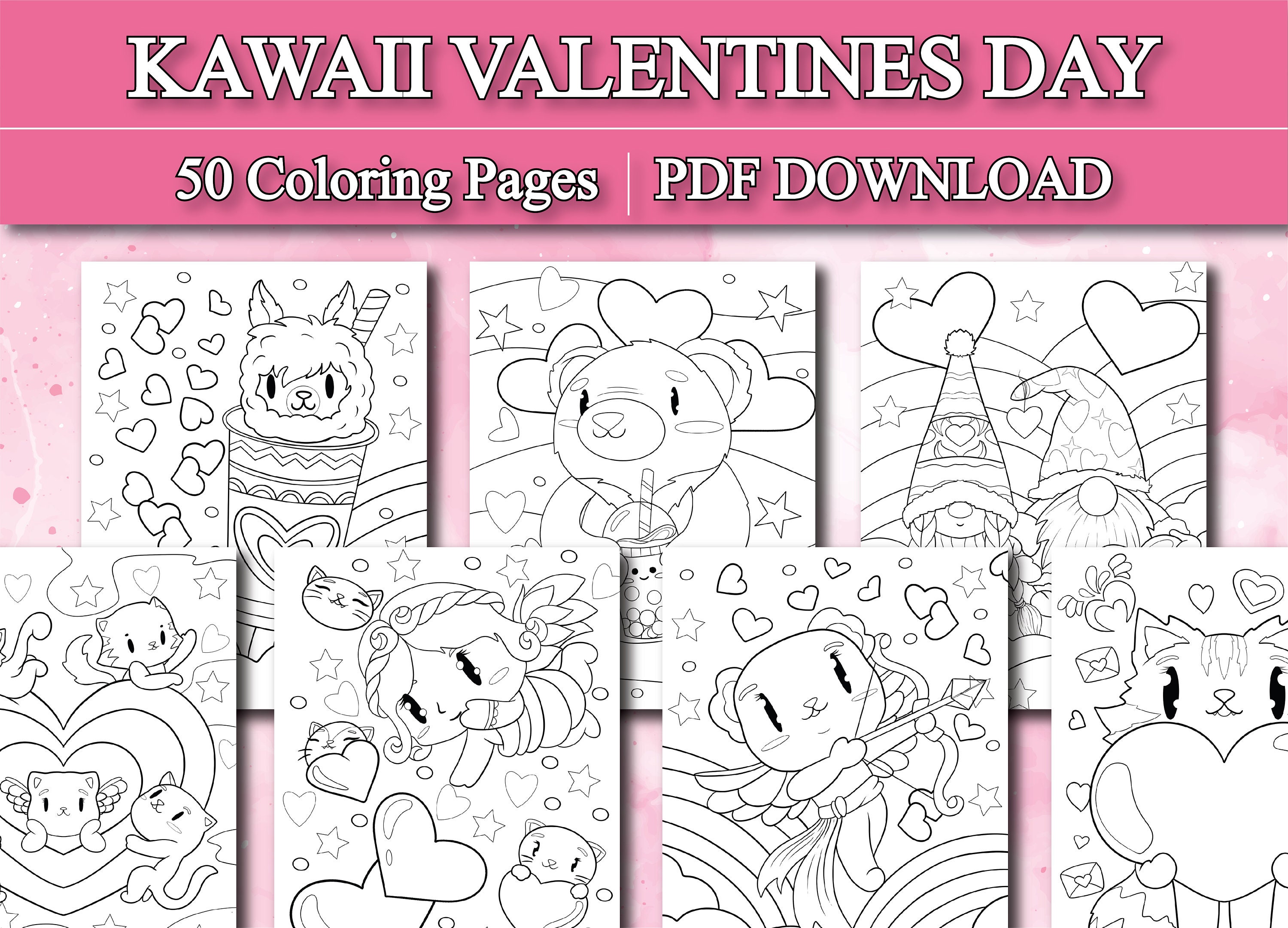 Kawaii Valentines Day Coloring Pages 50 Digital Coloring Pages printable, PDF Download - Etsy