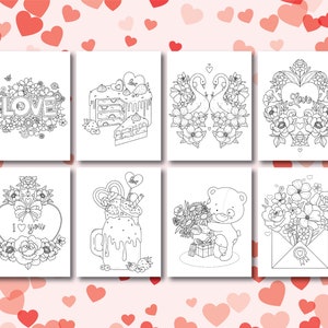 May include: Eight black and white colouring pages with a Valentine's Day theme. The pages feature images of a cake, swans, a milkshake, a teddy bear, flowers, and the word "LOVE".