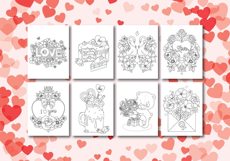 May include: Eight black and white colouring pages with a Valentine's Day theme. The pages feature images of a cake, swans, a milkshake, a teddy bear, flowers, and the word "LOVE".