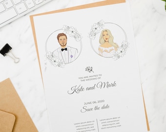 Wedding invitation illustration, Custom wedding portrait, Bride groom portrait, Printable wedding invitation