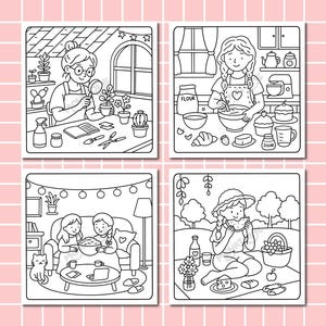 May include: Four black and white illustrations depicting various scenes. One shows a person tending to plants, another shows a person baking, a third shows two people watching a movie, and the last shows a person having a picnic.
