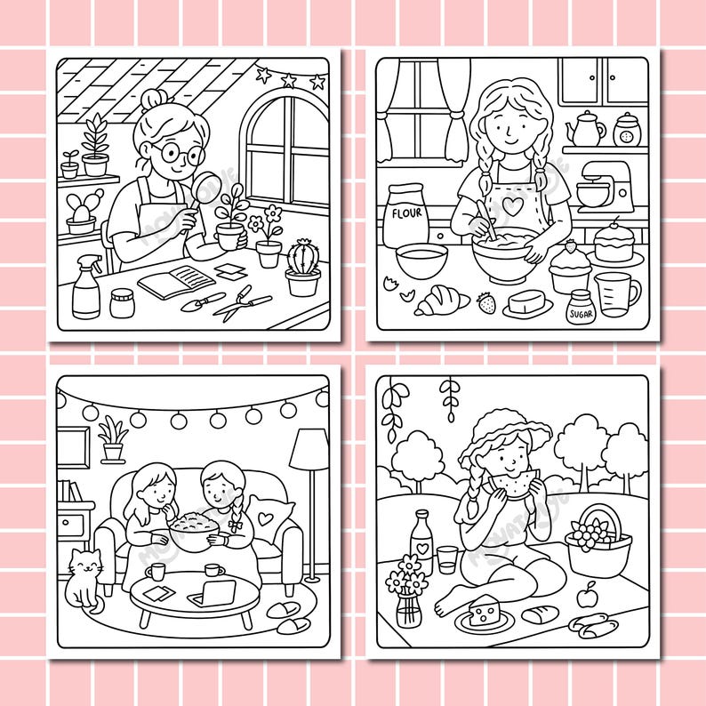 May include: Four black and white illustrations depicting various scenes. One shows a person tending to plants, another shows a person baking, a third shows two people watching a movie, and the last shows a person having a picnic.