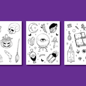May include: Three black and white illustrations of various witchcraft and occult symbols. The first illustration includes a cauldron, a skull, a pumpkin, a book, a hand, and a broom. The second illustration includes a crescent moon, a crystal, a crystal ball, a mushroom, a beetle, and a bottle. The third illustration includes a lantern, a book, a knife, a spoon, a crystal, and a telescope.