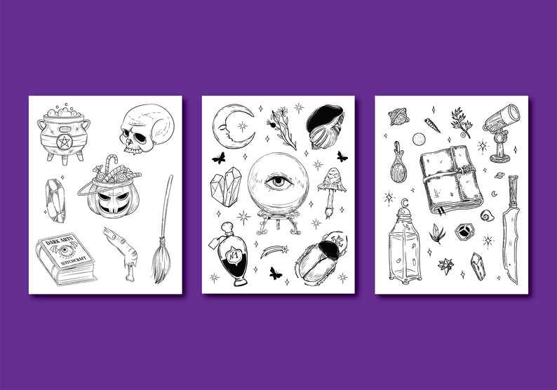 May include: Three black and white illustrations of various witchcraft and occult symbols. The first illustration includes a cauldron, a skull, a pumpkin, a book, a hand, and a broom. The second illustration includes a crescent moon, a crystal, a crystal ball, a mushroom, a beetle, and a bottle. The third illustration includes a lantern, a book, a knife, a spoon, a crystal, and a telescope.