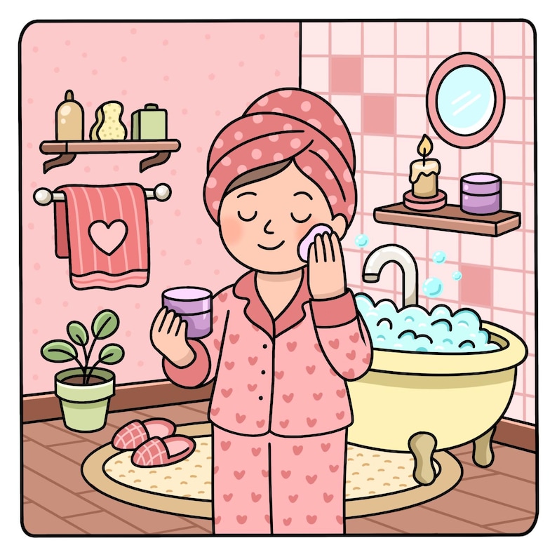 May include: Cartoon illustration of a person in pink pyjamas and a polka-dot head wrap, applying skincare in a pink bathroom. The bathroom includes a bathtub, a shelf with a candle and jars, and a towel with a heart design.
