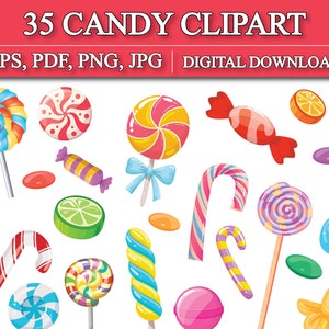 35 Candy Clipart Bundle, Lollipop Clipart, Candy PNG, Candy Vector, Rainbow Candy, Sweet Sugar Clipart,